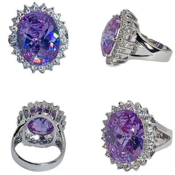 Large  Purple Crystal 925 Sterling Silver Cocktail Ring Sz 8 Statement Bold - Picture 4 of 16